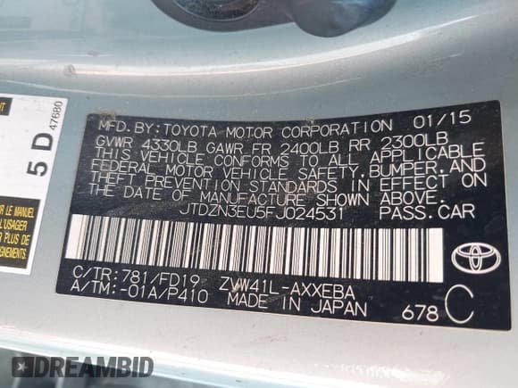 ✅ 2015 Toyota Prius Two • VIN: JTDZN3EU5FJ024531 • Lot: 43172487. Listed on IAAI with 189,011 mi. Free auction sales archive from the USA and detailed vehicle history report at DreamBid. Image 9.