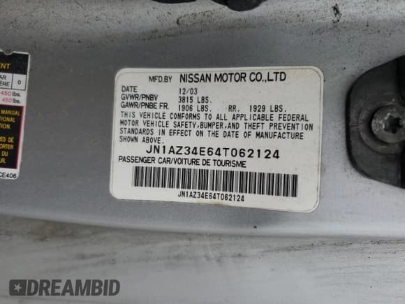 ✅ 2004 Nissan 350Z Touring • VIN: JN1AZ34E64T062124 • Лот: 56890735. Опубликован ранее на Copart с пробегом 102 603 миль. Бесплатный доступ к архиву аукционных продаж из США и подробный отчёт об истории автомобиля на DreamBid. Изображение 12.