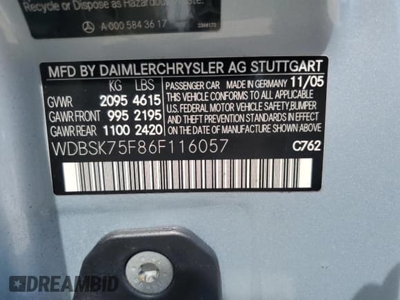 ✅ 2006 Mercedes-Benz SL 500 • VIN: WDBSK75F86F116057 • Лот: 63797074. Опубликован ранее на Copart с пробегом 56 973 миль. Бесплатный доступ к архиву аукционных продаж из США и подробный отчёт об истории автомобиля на DreamBid. Изображение 12.