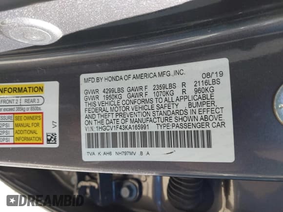 ✅ 2019 Honda Accord EX • VIN: 1HGCV1F43KA165991 • Lot: 43353070. Listed on IAAI with 86,089 mi. Free auction sales archive from the USA and detailed vehicle history report at DreamBid. Image 9.