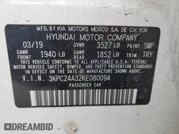 2019 Hyundai Accent SE with VIN 3KPC24A32KE080094, listed as a Copart auction lot 53082584 with 91,811 mi miles and . Bid and sale history available at DreamBid. Image 12.