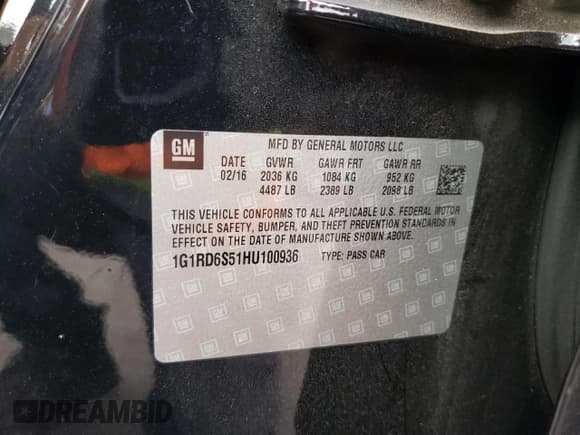 ✅ 2017 Chevrolet Volt Premier • VIN: 1G1RD6S51HU100936 • Lot: 64527034. Listed on Copart with 101,512 mi. Free auction sales archive from the USA and detailed vehicle history report at DreamBid. Image 12.