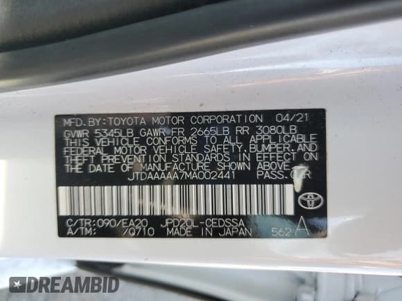 ✅ 2021 Toyota Mirai XLE • VIN: JTDAAAAA7MA002441 • Lot: 68244795. Listed on Copart with 50,801 mi. Free auction sales archive from the USA and detailed vehicle history report at DreamBid. Image 12.