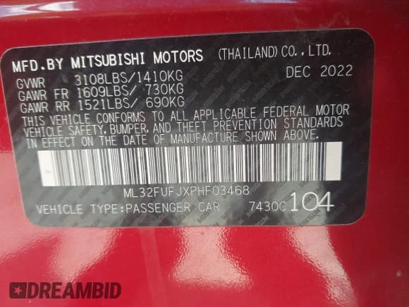 ✅ 2023 Mitsubishi Mirage ES • VIN: ML32FUFJXPHF03468 • Lot: 42643599. Listed on IAAI with 8,588 mi. Free auction sales archive from the USA and detailed vehicle history report at DreamBid. Image 9.