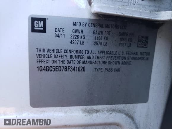 ✅ 2011 Buick LaCrosse CXL • VIN: 1G4GC5ED7BF341020 • Lot: 91420735. Listed on Copart with 186,687 mi. Free auction sales archive from the USA and detailed vehicle history report at DreamBid. Image 12.