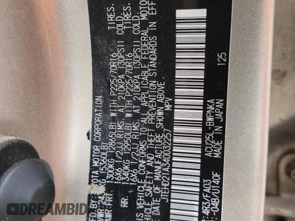 2004 Toyota Highlander с VIN JTEHD21A340032257, выставлен на аукционе Copart как лот 67995065 с пробегом 274 149 миль миль и На запчасти • Non repairable. История ставок и продаж доступна на DreamBid. Изображение 13.