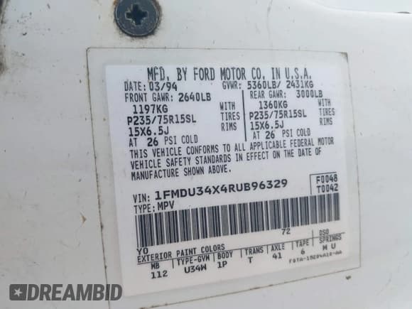 ✅ 1994 Ford Explorer Eddie Bauer • VIN: 1FMDU34X4RUB96329 • Lot: 42105903. Listed on IAAI with 52,719 mi. Free auction sales archive from the USA and detailed vehicle history report at DreamBid. Image 9.