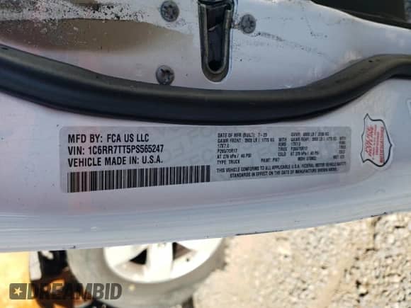 2023 Ram 1500 SLT z VIN 1C6RR7TT5PS565247, wystawiony jako Copart lot #80309515 z przebiegiem Nie podano mil oraz Nie do naprawy • Non repairable. Historia ofert i sprzedaży dostępna na DreamBid. Obrazek 12.