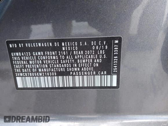 ✅ 2019 Volkswagen Jetta S • VIN: 3VWCB7BU5KM216309 • Lot: 42954619. Wystawiony na IAAI z przebiegiem 93 723 mil. Bezpłatny archiwum sprzedaży aukcyjnych z USA i szczegółowy raport historii pojazdu na DreamBid. Zdjęcie 9.