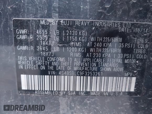 ✅ 2015 Subaru Outback Limited • VIN: 4S4BSBLC9F3253261 • Lot: 43677167. Wystawiony na IAAI z przebiegiem 257 354 mil. Bezpłatny archiwum sprzedaży aukcyjnych z USA i szczegółowy raport historii pojazdu na DreamBid. Zdjęcie 9.