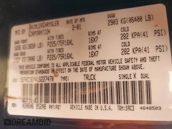 2001 Dodge 1500 with VIN 1B7HC16Y41S227470, listed as a IAAI auction lot 41768022 with 236,712 mi miles and . Bid and sale history available at DreamBid. Image 9.