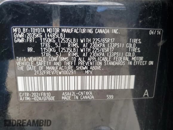 ✅ 2014 Toyota RAV4 LE • VIN: 2T3ZFREV7EW100291 • Lot: 91621565. Listed on Copart with 148,237 mi. Free auction sales archive from the USA and detailed vehicle history report at DreamBid. Image 13.