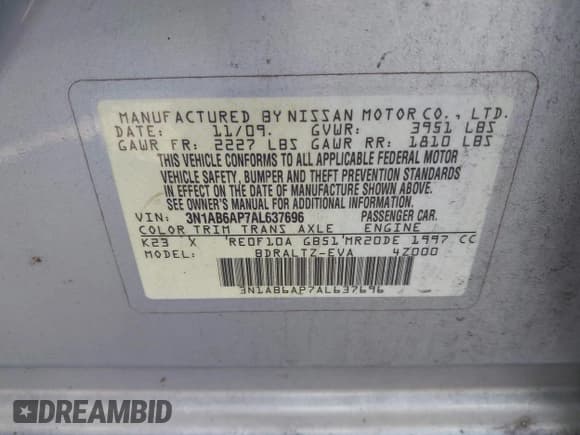 ✅ 2010 Nissan Sentra SR • VIN: 3N1AB6AP7AL637696 • Лот: 43013315. Опубликован ранее на IAAI с пробегом 163 382 миль. Бесплатный доступ к архиву аукционных продаж из США и подробный отчёт об истории автомобиля на DreamBid. Изображение 9.