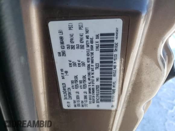 ✅ 2001 Dodge 1500 • VIN: 3B7HC13Y81G167933 • Лот: 88690105. Размещён на Copart с пробегом 340 328 миль миль. Получите бесплатный доступ к архиву аукционных продаж из США и посмотрите подробный отчёт об истории автомобиля на DreamBid. Изображение 12.