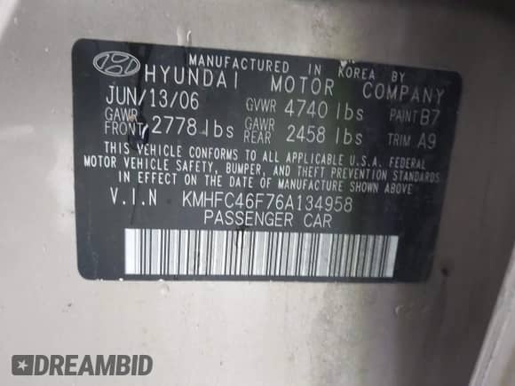 2006 Hyundai Azera SE с VIN KMHFC46F76A134958, выставлен на аукционе IAAI как лот 42314943 с пробегом 206 745 миль миль и . История ставок и продаж доступна на DreamBid. Изображение 9.