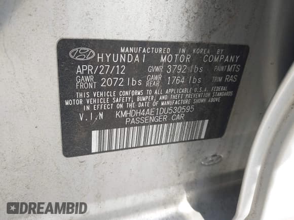 ✅ 2013 Hyundai Elantra GLS • VIN: KMHDH4AE1DU530595 • Lot: 43653046. Listed on IAAI with 133,076 mi. Free auction sales archive from the USA and detailed vehicle history report at DreamBid. Image 9.