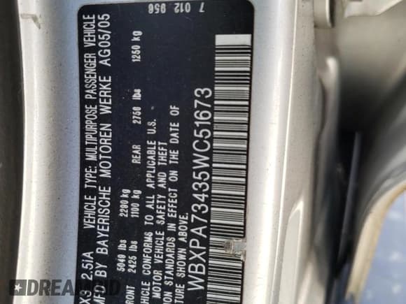 ✅ 2005 BMW X3 2.5i • VIN: WBXPA73435WC51673 • Lot: 60262464. Listed on Copart with Not provided. Free auction sales archive from the USA and detailed vehicle history report at DreamBid. Image 13.