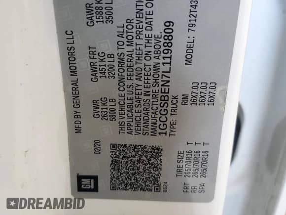 2020 Chevrolet Colorado 2WD Work Truck with VIN 1GCGSBEN7L1198809, listed as a Copart auction lot 80280805 with 46,276 mi miles and Salvage title. Bid and sale history available at DreamBid. Image 12.