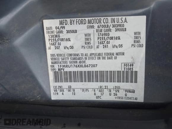 ✅ 1999 Ford Expedition XLT • VIN: 1FMRU176XXLB67207 • Lot: 42922951. Listed on IAAI with Not provided. Free auction sales archive from the USA and detailed vehicle history report at DreamBid. Image 9.