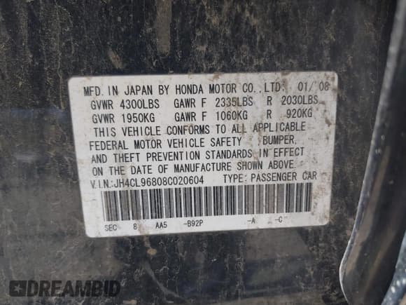 ✅ 2008 Acura TSX • VIN: JH4CL96808C020604 • Lot: 39062166. Listed on IAAI with 103,188 mi. Free auction sales archive from the USA and detailed vehicle history report at DreamBid. Image 9.