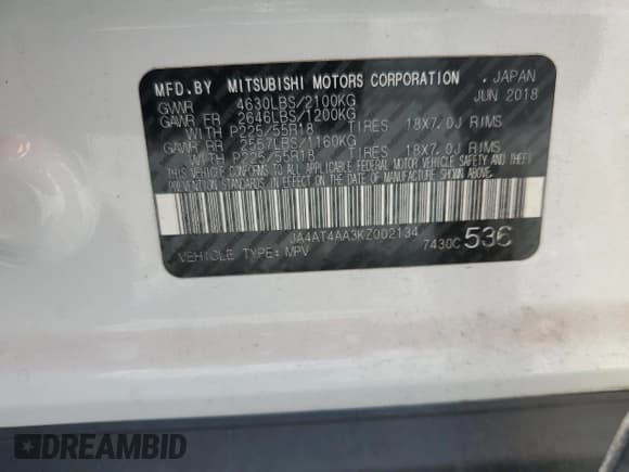 ✅ 2019 Mitsubishi Eclipse Cross LE • VIN: JA4AT4AA3KZ002134 • Lot: 66916805. Wystawiony na Copart z przebiegiem 67 374 mil. Bezpłatny archiwum sprzedaży aukcyjnych z USA i szczegółowy raport historii pojazdu na DreamBid. Zdjęcie 13.