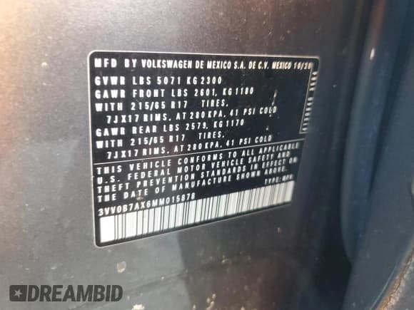 ✅ 2021 Volkswagen Tiguan S • VIN: 3VV0B7AX6MM015878 • Лот: 82304095. Опубликован ранее на Copart с пробегом 42 319 миль. Бесплатный доступ к архиву аукционных продаж из США и подробный отчёт об истории автомобиля на DreamBid. Изображение 13.