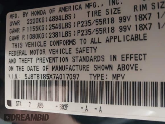 ✅ 2007 Acura RDX Technology • VIN: 5J8TB185X7A017097 • Lot: 42725222. Listed on IAAI with 158,842 mi. Free auction sales archive from the USA and detailed vehicle history report at DreamBid. Image 9.