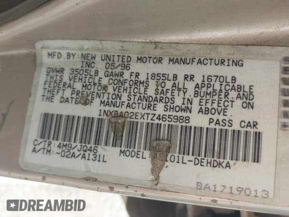 ✅ 1996 Toyota Corolla • VIN: 1NXBA02EXTZ465988 • Лот: 42486621. Опубликован ранее на IAAI с пробегом 251 775 миль. Бесплатный доступ к архиву аукционных продаж из США и подробный отчёт об истории автомобиля на DreamBid. Изображение 9.