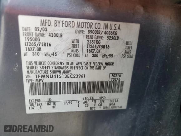 ✅ 2003 Ford Excursion Special Serv • VIN: 1FMNU41S13EC23961 • Лот: 56982865. Опубликован ранее на Copart с пробегом 180 123 миль. Бесплатный доступ к архиву аукционных продаж из США и подробный отчёт об истории автомобиля на DreamBid. Изображение 13.