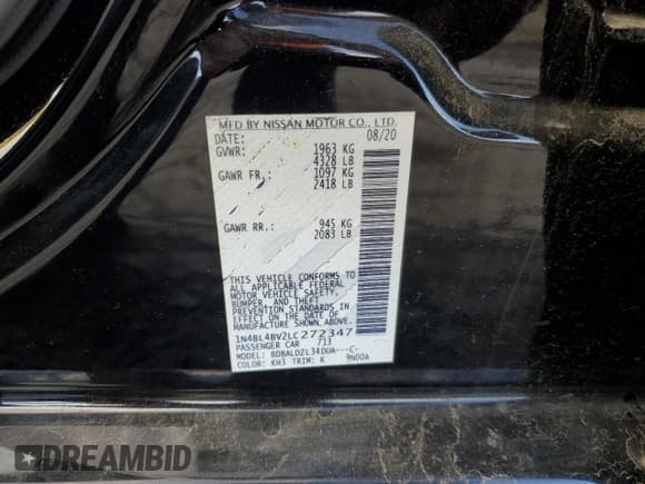 ✅ 2020 Nissan Altima S • VIN: 1N4BL4BV2LC272347 • Lot: 89559505. Listed on Copart with 154,892 mi. Free auction sales archive from the USA and detailed vehicle history report at DreamBid. Image 12.