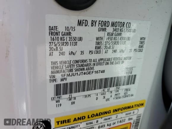 ✅ 2016 Ford Expedition XLT • VIN: 1FMJU1JT4GEF16748 • Lot: 52856195. Listed on Copart with 64,609 mi. Free auction sales archive from the USA and detailed vehicle history report at DreamBid. Image 14.