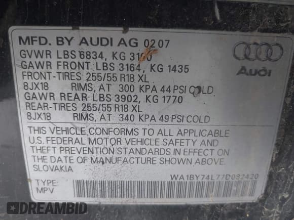 ✅ 2007 Audi Q7 Premium • VIN: WA1BY74L77D082420 • Lot: 43407055. Listed on IAAI with Not provided. Free auction sales archive from the USA and detailed vehicle history report at DreamBid. Image 9.