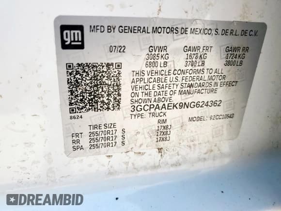 ✅ 2022 Chevrolet Silverado 1500 Work Truck • VIN: 3GCPAAEK9NG624362 • Lot: 58385325. Wystawiony na Copart z przebiegiem Nie podano. Bezpłatny archiwum sprzedaży aukcyjnych z USA i szczegółowy raport historii pojazdu na DreamBid. Zdjęcie 12.