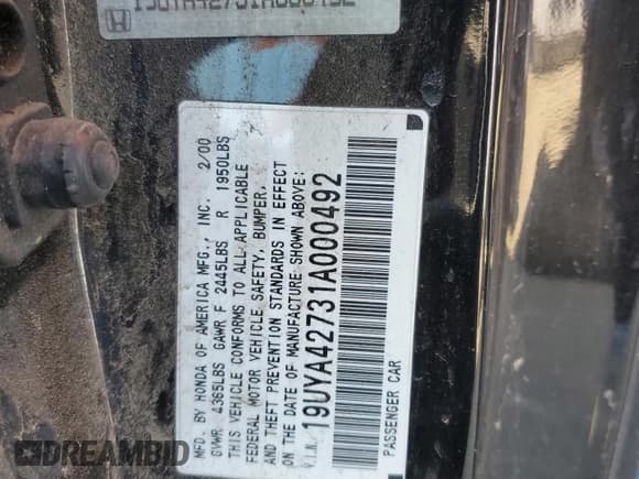 ✅ 2001 Acura CL Type S • VIN: 19UYA42731A000492 • Lot: 89125705. Listed on Copart with Not provided. Free auction sales archive from the USA and detailed vehicle history report at DreamBid. Image 12.