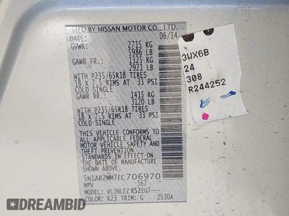 ✅ 2014 Nissan Pathfinder SV • VIN: 5N1AR2MM7EC706970 • Lot: 41815736. Listed on IAAI with 163,746 mi. Free auction sales archive from the USA and detailed vehicle history report at DreamBid. Image 9.