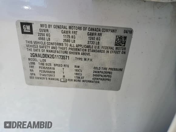 ✅ 2016 Chevrolet Equinox LTZ • VIN: 2GNALDEK2G1173571 • Lot: 89879695. Listed on Copart with 198,342 mi. Free auction sales archive from the USA and detailed vehicle history report at DreamBid. Image 13.