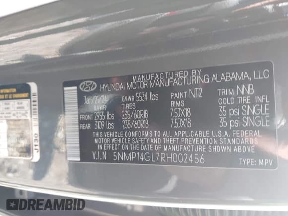 ✅ 2024 Hyundai Santa Fe SE • VIN: 5NMP14GL7RH002456 • Lot: 41994045. Listed on IAAI with 8,478 mi. Free auction sales archive from the USA and detailed vehicle history report at DreamBid. Image 9.