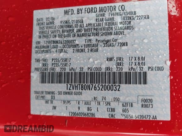 ✅ 2006 Ford Mustang Standard • VIN: 1ZVHT80N765200032 • Lot: 43722050. Listed on IAAI with 104,988 mi. Free auction sales archive from the USA and detailed vehicle history report at DreamBid. Image 9.