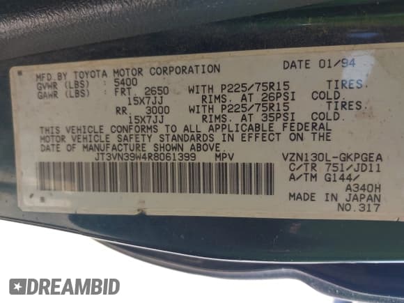 ✅ 1994 Toyota 4Runner • VIN: JT3VN39W4R8061399 • Lot: 42455341. Listed on IAAI with 177,038 mi. Free auction sales archive from the USA and detailed vehicle history report at DreamBid. Image 9.