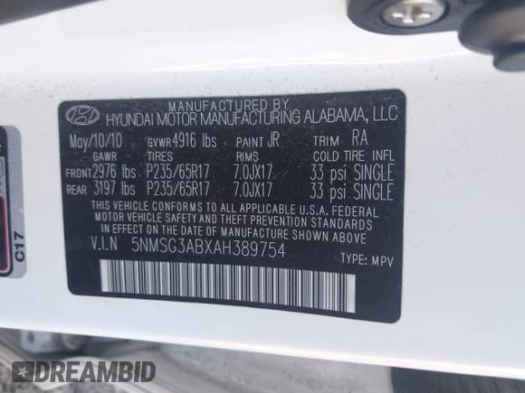 ✅ 2010 Hyundai Santa Fe GLS • VIN: 5NMSG3ABXAH389754 • Lot: 43557021. Listed on IAAI with 74,580 mi. Free auction sales archive from the USA and detailed vehicle history report at DreamBid. Image 9.