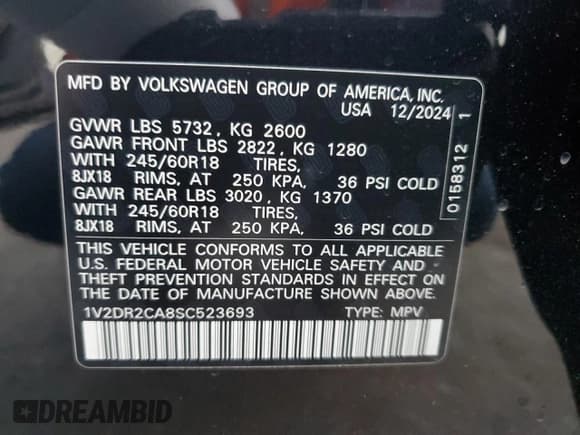 ✅ 2025 Volkswagen Atlas SE • VIN: 1V2DR2CA8SC523693 • Lot: 51173005. Listed on Copart with 3,988 mi. Free auction sales archive from the USA and detailed vehicle history report at DreamBid. Image 13.