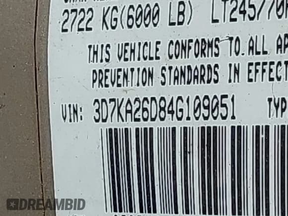 ✅ 2004 Dodge RAM • VIN: 3D7KA26D84G109051 • Lot: 43769160. Listed on IAAI with Not provided. Free auction sales archive from the USA and detailed vehicle history report at DreamBid. Image 9.
