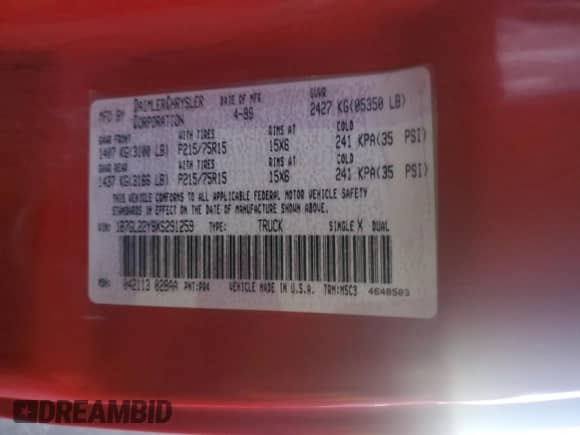 1999 Dodge Dakota SLT z VIN 1B7GL22Y9XS291259, wystawiony jako Copart lot #83895464 z przebiegiem 94 161 mil mil oraz Czysty tytuł • Clean title. Historia ofert i sprzedaży dostępna na DreamBid. Obrazek 12.