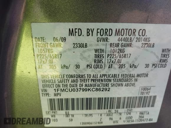 ✅ 2009 Ford Escape XLT • VIN: 1FMCU03799KC86292 • Lot: 43915919. Listed on IAAI with 163,766 mi. Free auction sales archive from the USA and detailed vehicle history report at DreamBid. Image 9.