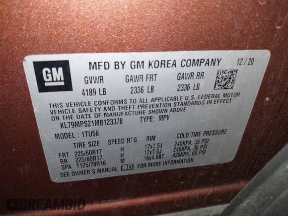 2021 Chevrolet TrailBlazer LT с VIN KL79MPS21MB123378, выставлен на аукционе IAAI как лот 43382417 с пробегом 95 623 миль миль и . История ставок и продаж доступна на DreamBid. Изображение 9.