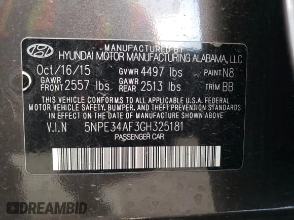 ✅ 2016 Hyundai Sonata Sport • VIN: 5NPE34AF3GH325181 • Lot: 43647203. Listed on Copart with 98,026 mi. Free auction sales archive from the USA and detailed vehicle history report at DreamBid. Image 14.