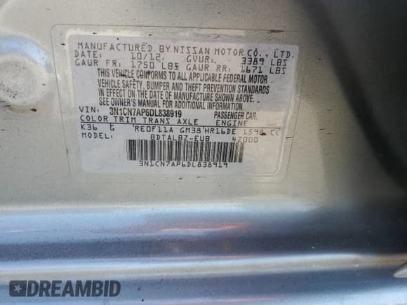 ✅ 2013 Nissan Versa S • VIN: 3N1CN7AP6DL838919 • Lot: 80683185. Listed on Copart with 177,713 mi. Free auction sales archive from the USA and detailed vehicle history report at DreamBid. Image 12.