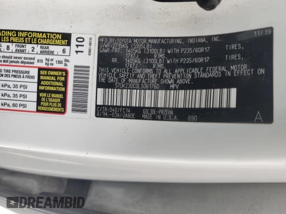 ✅ 2020 Toyota Sienna LE Auto Access Seat • VIN: 5TDKZ3DC0LS061760 • Lot: 67908685. Listed on Copart with 162,455 mi. Free auction sales archive from the USA and detailed vehicle history report at DreamBid. Image 13.