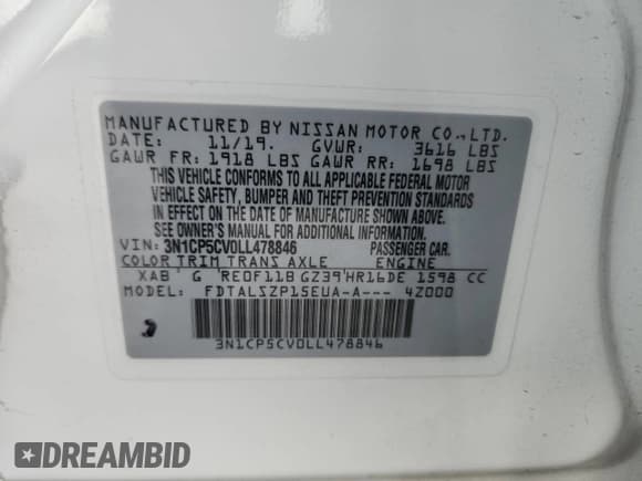 ✅ 2020 Nissan Kicks SV • VIN: 3N1CP5CV0LL478846 • Lot: 91612935. Listed on Copart with 87,866 mi. Free auction sales archive from the USA and detailed vehicle history report at DreamBid. Image 14.