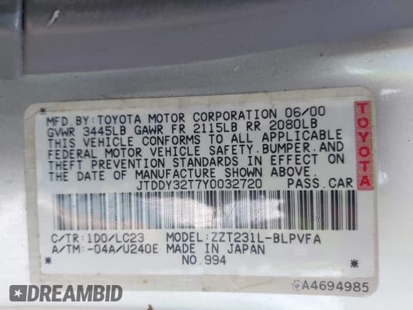 ✅ 2000 Toyota Celica GTS • VIN: JTDDY32T7Y0032720 • Lot: 42576535. Listed on IAAI with 152,302 mi. Free auction sales archive from the USA and detailed vehicle history report at DreamBid. Image 9.